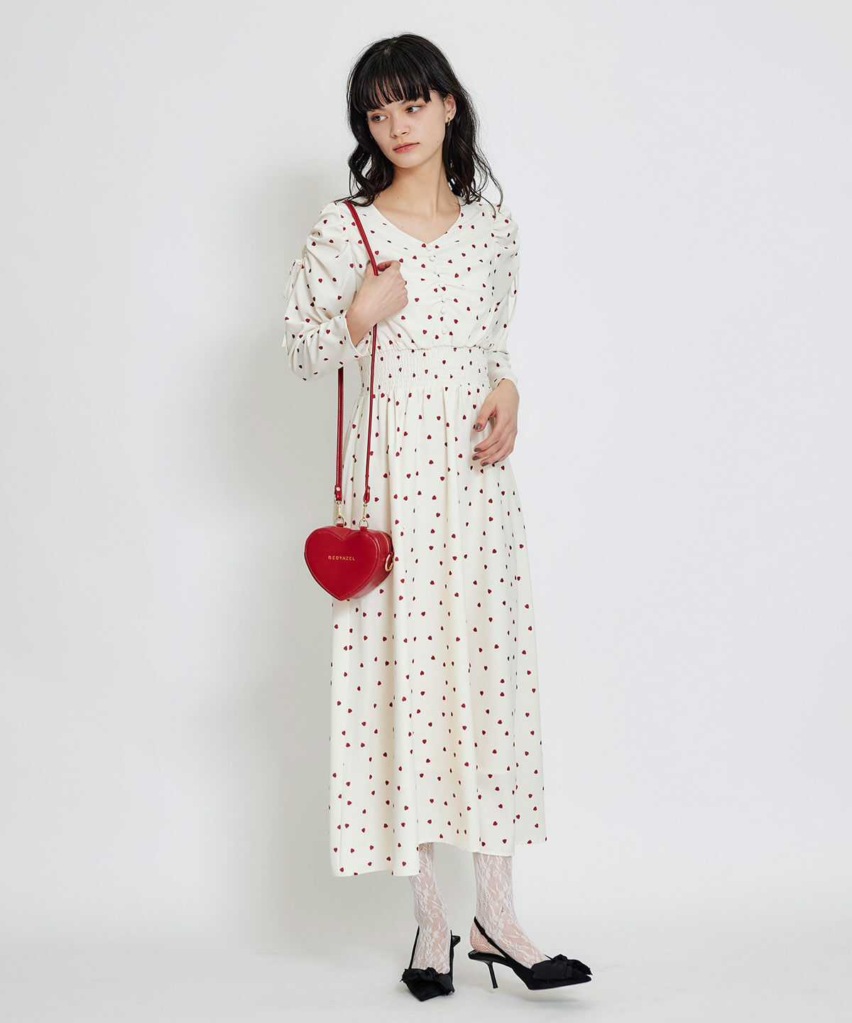 REDYAZEL「Love Me Heart ギャザーリボンロングフレアワンピース」|ワンピース|