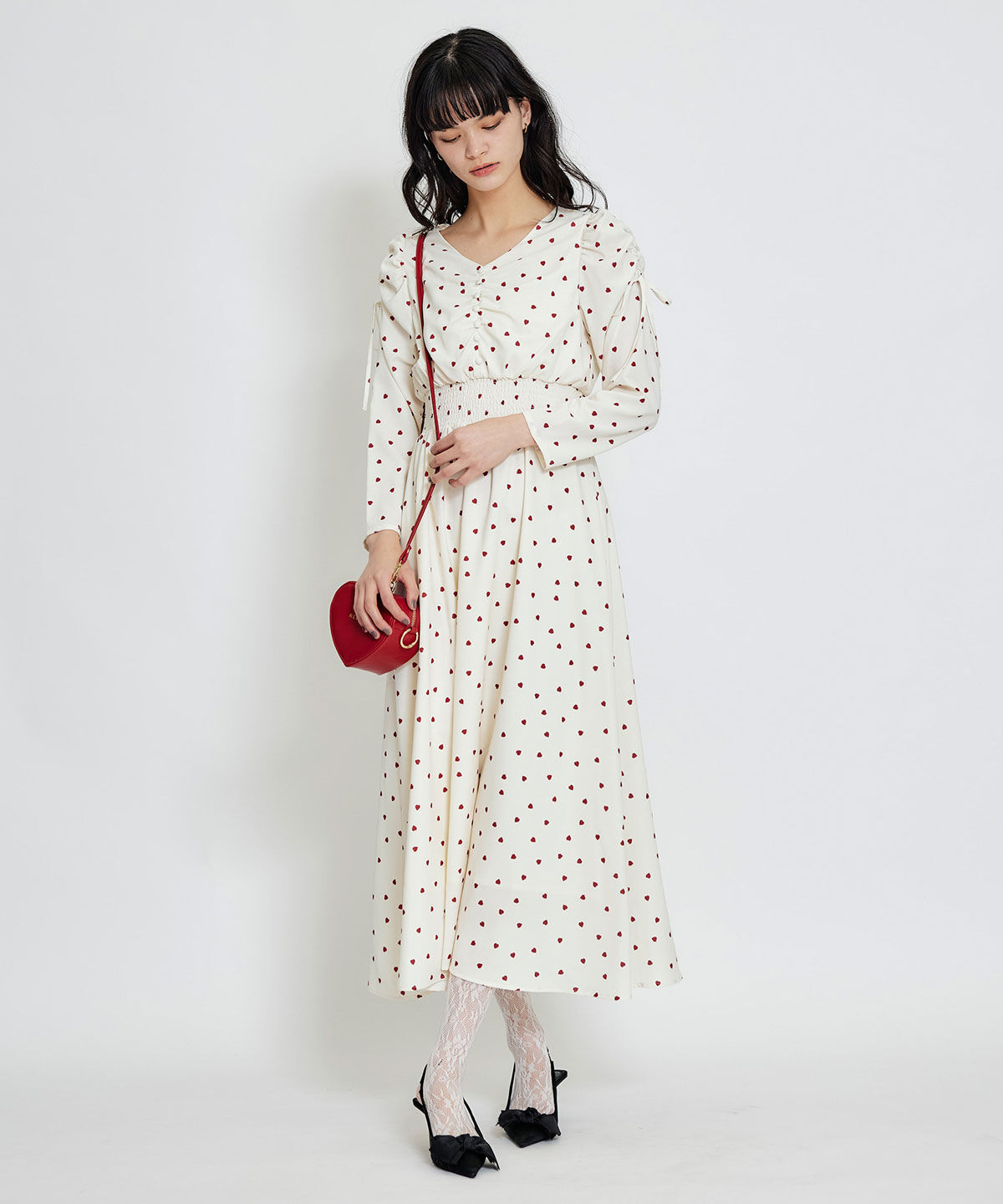REDYAZEL「Love Me Heart ギャザーリボンロングフレアワンピース」|ワンピース|