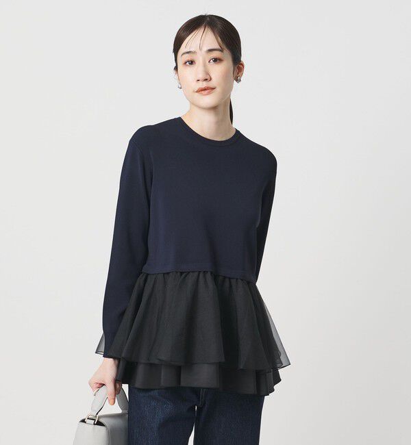 UNITED ARROWS「オーガンジー フリルコンビ ニット ‐ウォッシャブル‐」|ニット・セーター|NAVY