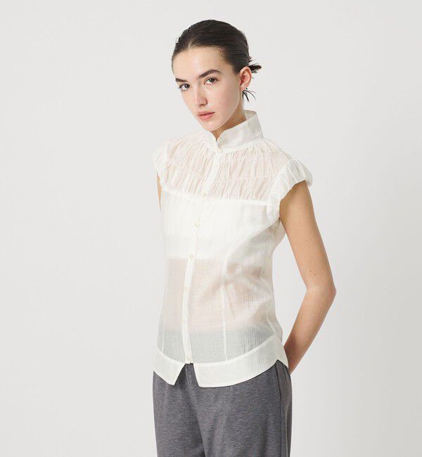ATTISESSION「＜ATTISESSION＞シアーギャザー ショートスリーブ ブラウス」|シャツ・ブラウス|