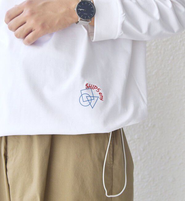 SHIPS any「SHIPS any: オーガニック コットン ワンポイント ロゴ プリント&times;刺繍 スピンドル Tシャツ(ロンT)◇」|Tシャツ・カットソー|