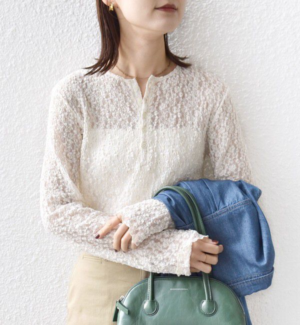 SHIPS for women「〈手洗い可能〉ラッセル レース ヘンリー ネック 2WAY プルオーバー」|Tシャツ・カットソー|