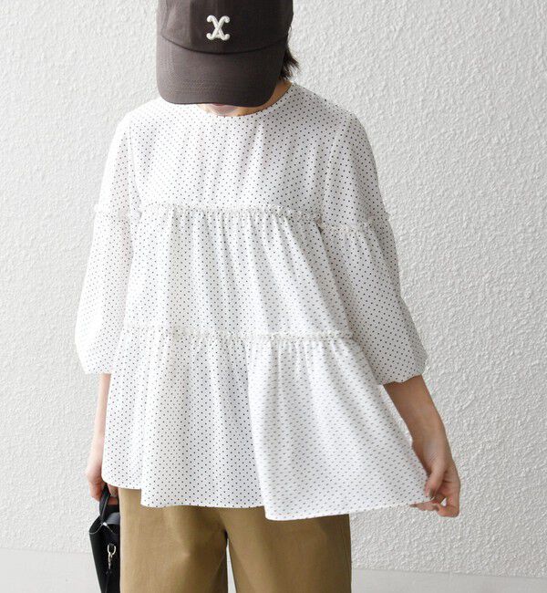 SHIPS any「SHIPS any:〈洗濯機可能〉ドット ノーカラー ティアード フレア ブラウス」|シャツ・ブラウス|