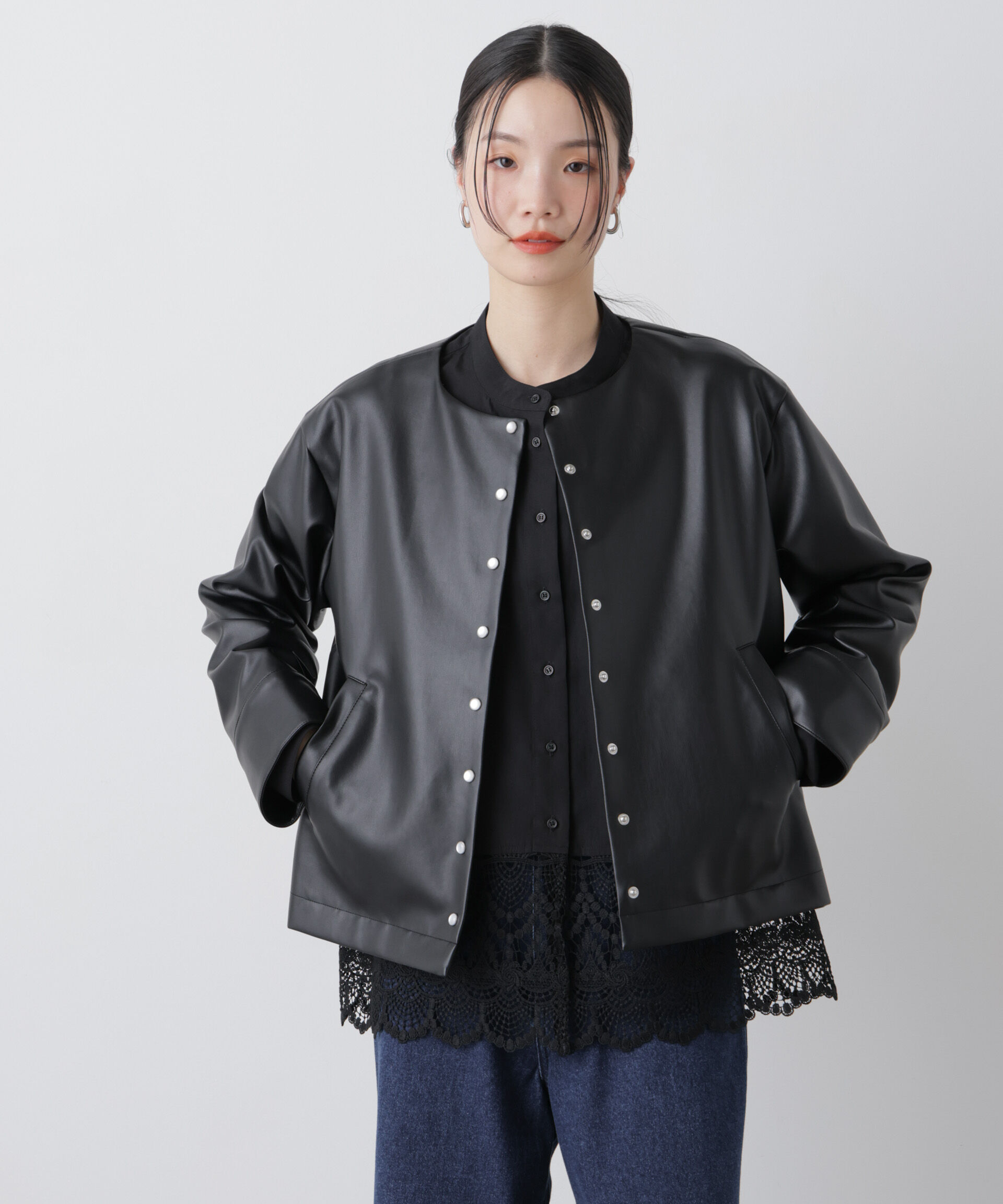 nano･universe「フェイクレザーパールドットノーカラージャケット」|テーラードジャケット|