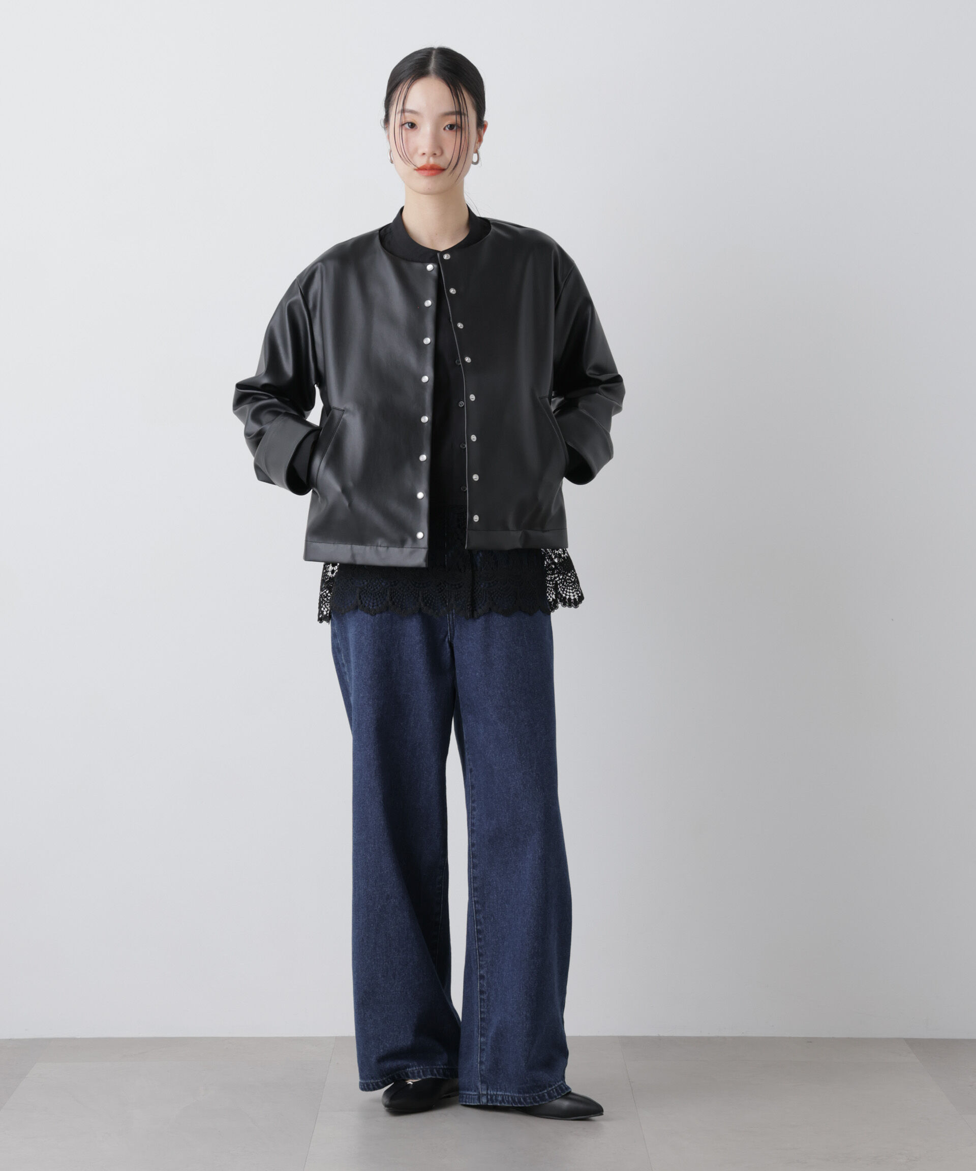 nano･universe「フェイクレザーパールドットノーカラージャケット」|テーラードジャケット|