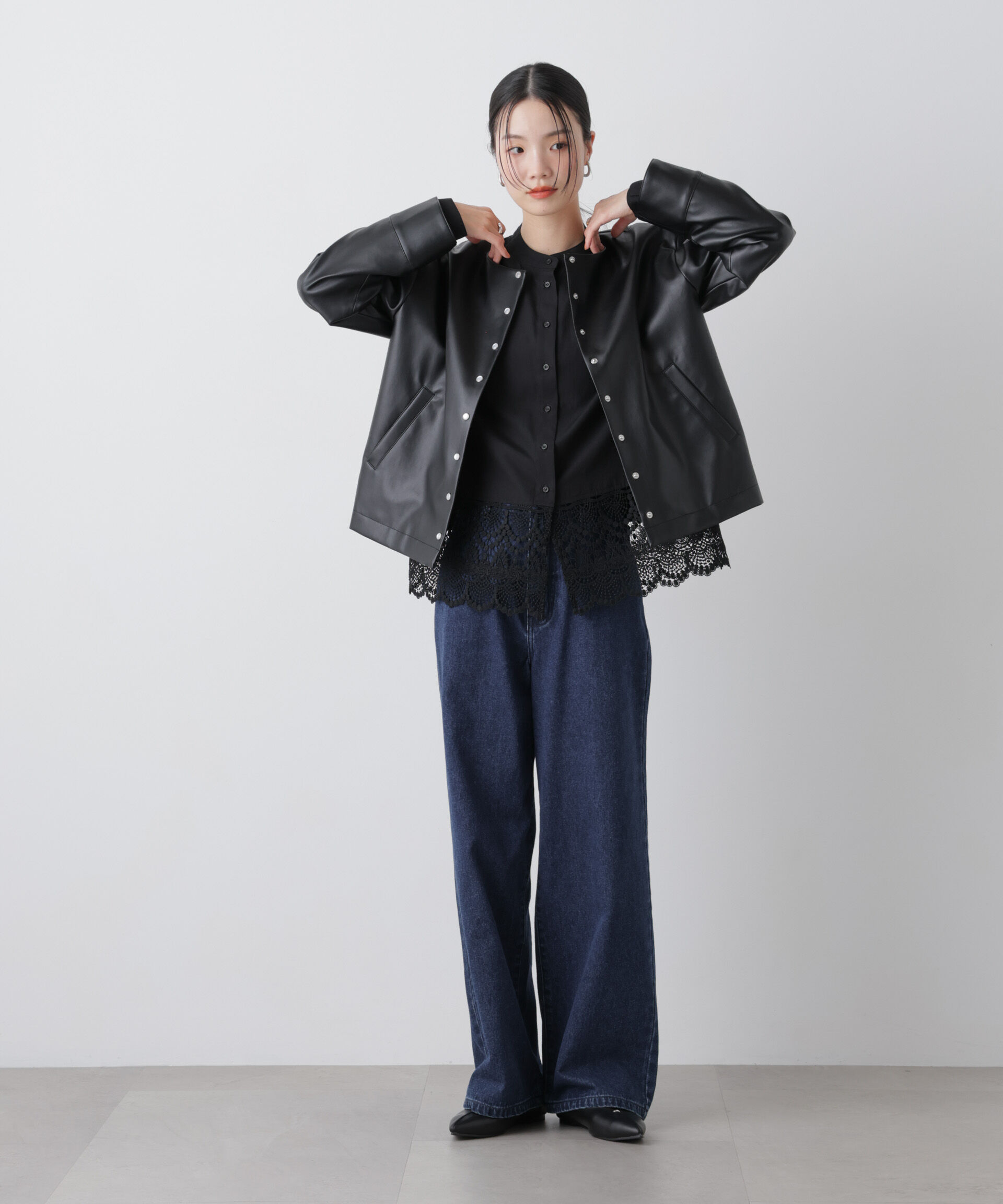 nano･universe「フェイクレザーパールドットノーカラージャケット」|テーラードジャケット|