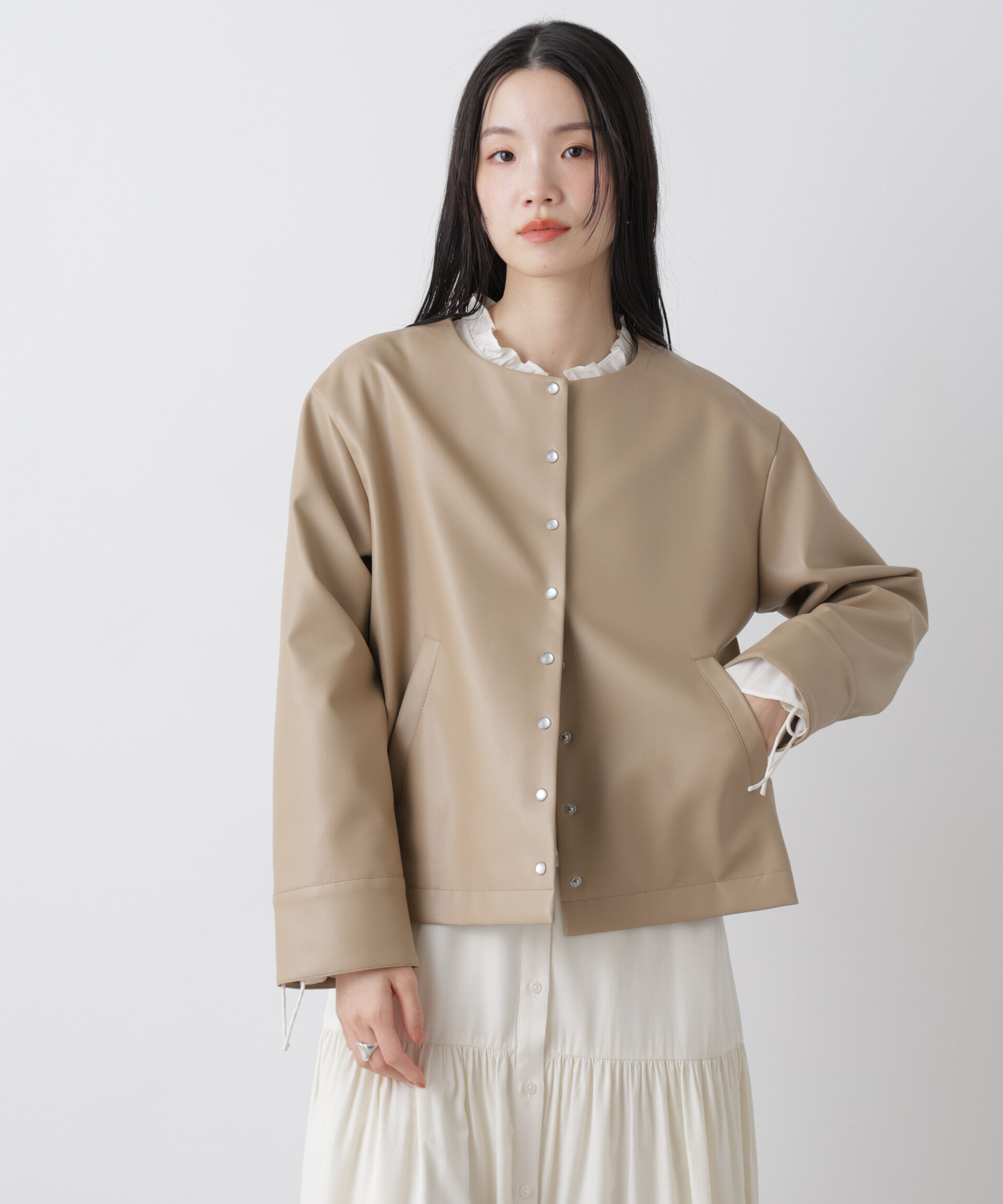 nano･universe「フェイクレザーパールドットノーカラージャケット」|テーラードジャケット|