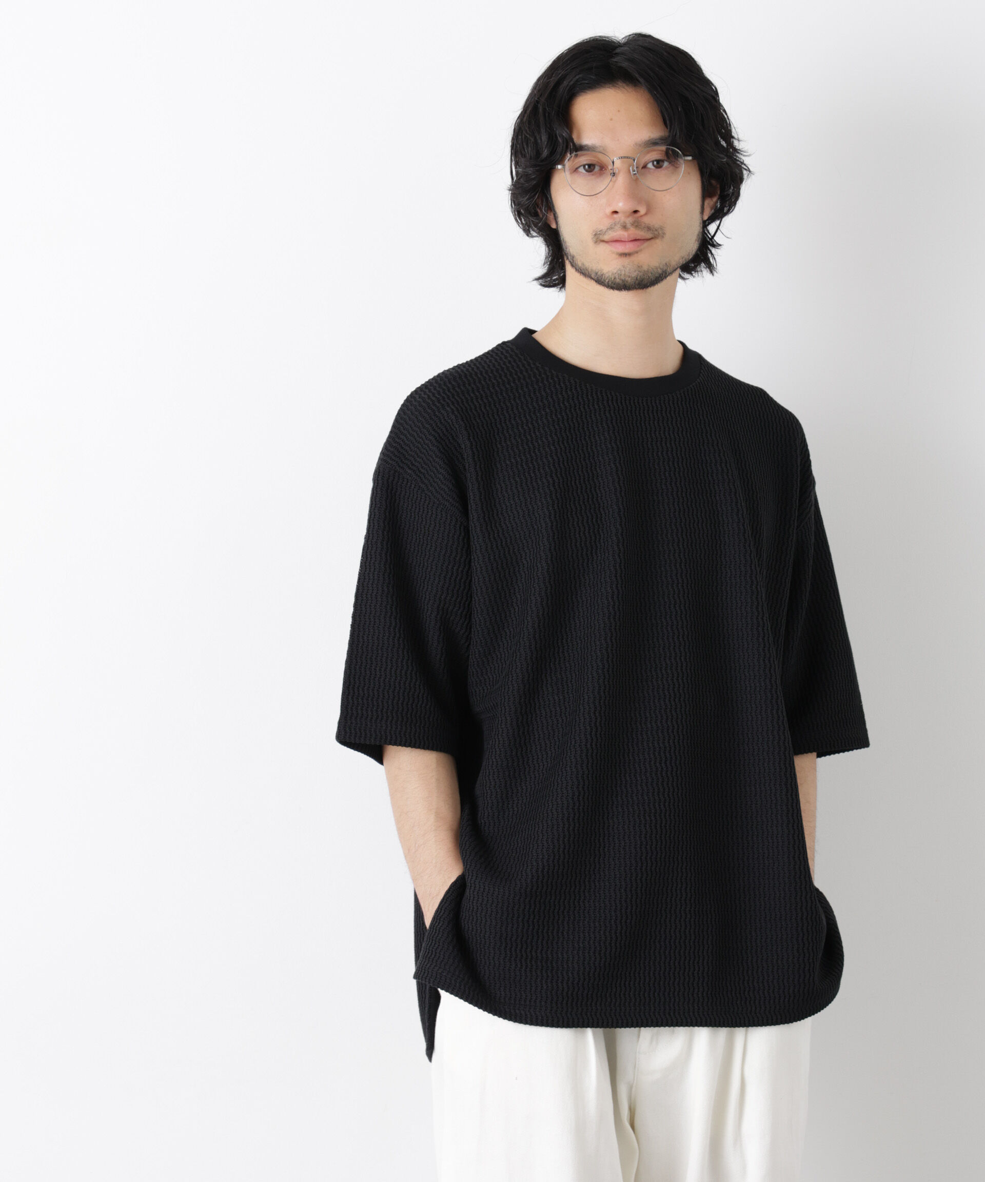 nano･universe「ジャガードニットソーTシャツ 半袖（セットアップ可）」|Tシャツ・カットソー|ブラック