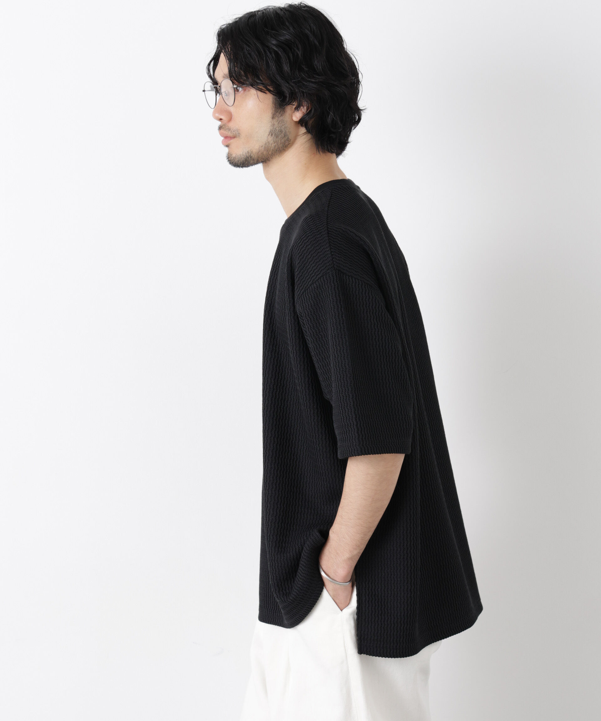 nano･universe「ジャガードニットソーTシャツ 半袖（セットアップ可）」|Tシャツ・カットソー|