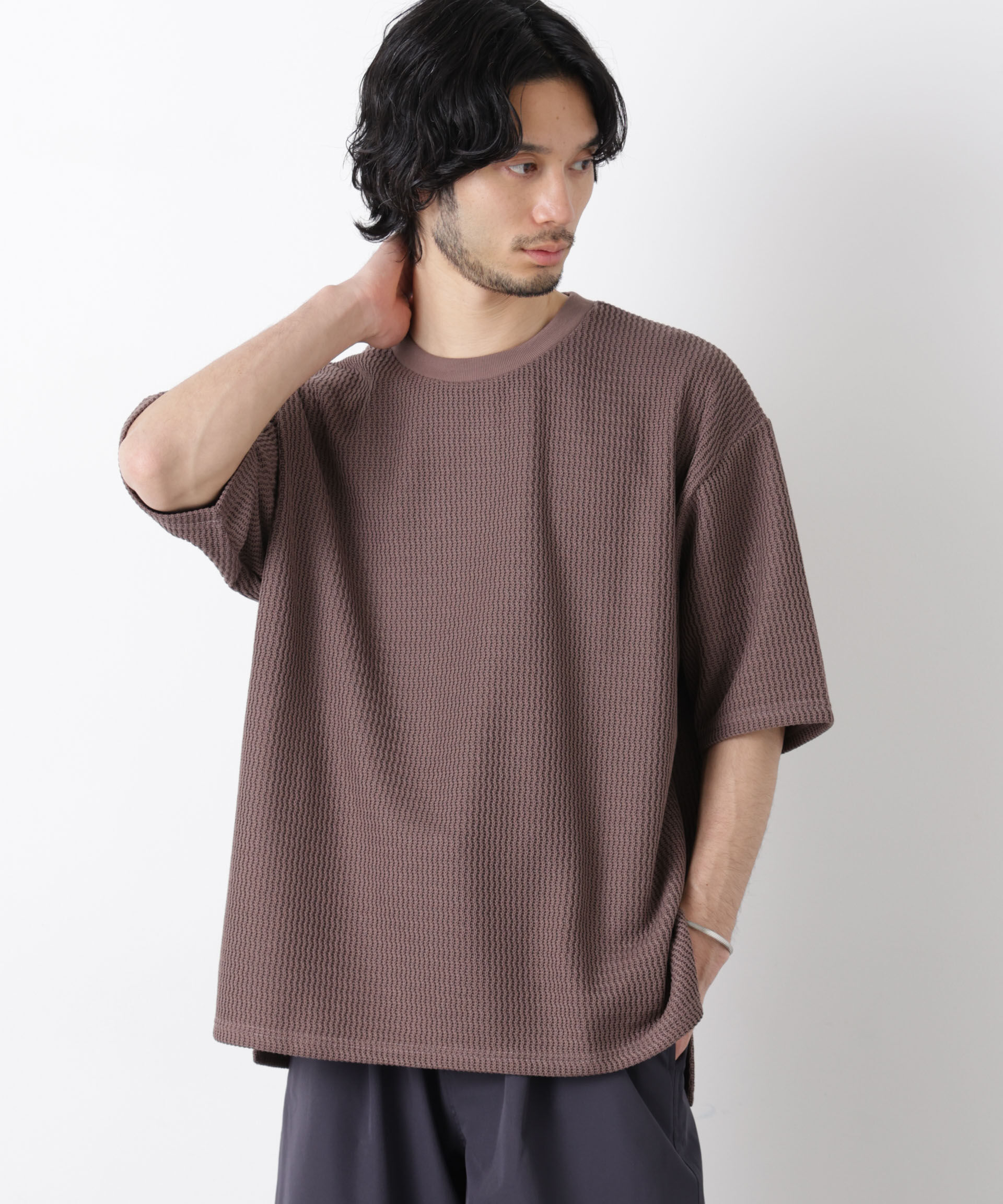 nano･universe「ジャガードニットソーTシャツ 半袖（セットアップ可）」|Tシャツ・カットソー|モカ3