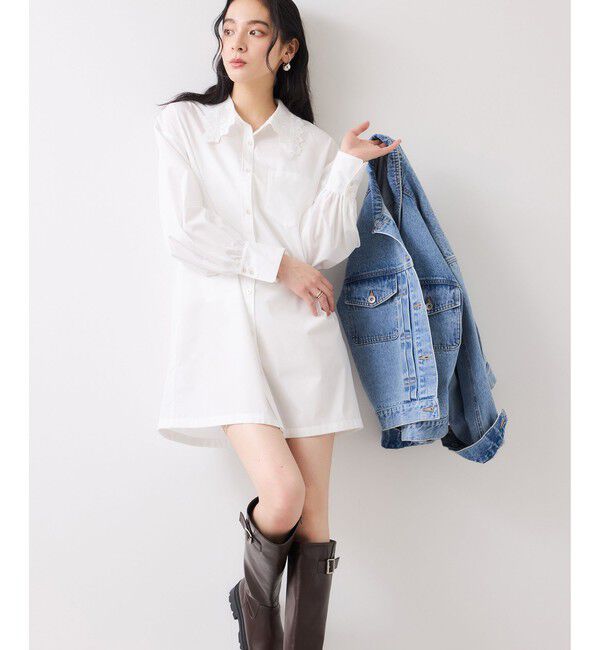 VIS「襟レース付きミニ丈シャツワンピ」|ワンピース|