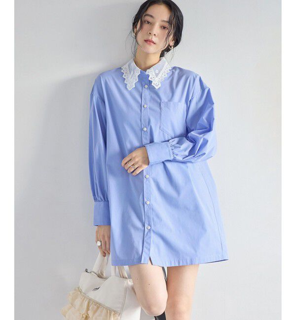 VIS「襟レース付きミニ丈シャツワンピ」|ワンピース|