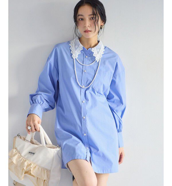 VIS「襟レース付きミニ丈シャツワンピ」|ワンピース|
