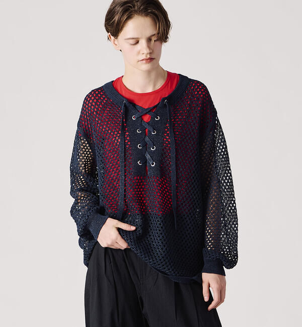  「ADAWAS | メッシュ レースアップトップス WOMEN」|ニット・セーター|MIDNIGHT