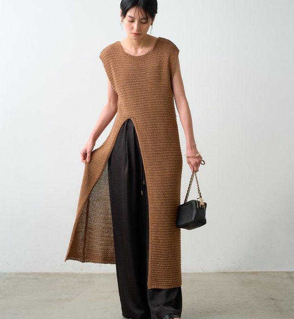  「ハイスリットニットワンピース」|ワンピース|キャメル