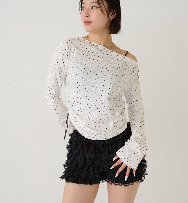  「スタッズオフショルL/Sトップス(ドット/ボーダー)」|Tシャツ・カットソー|