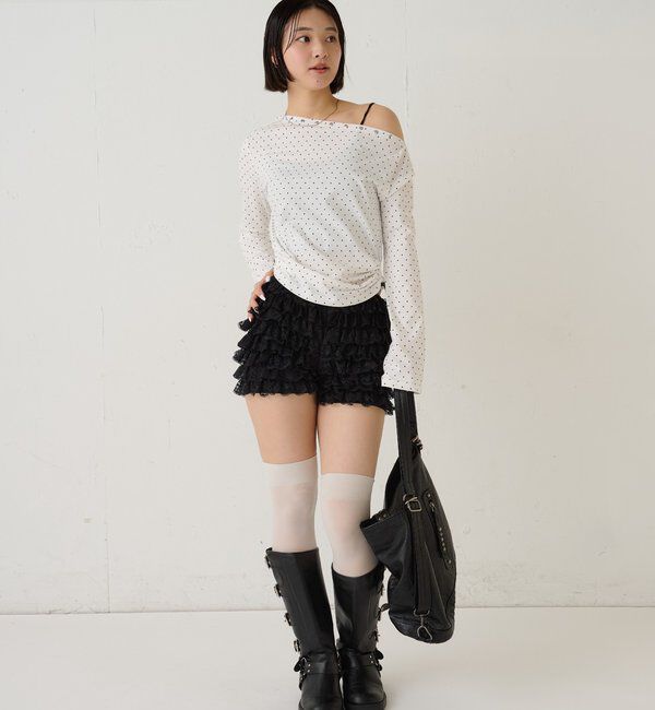  「スタッズオフショルL/Sトップス(ドット/ボーダー)」|Tシャツ・カットソー|