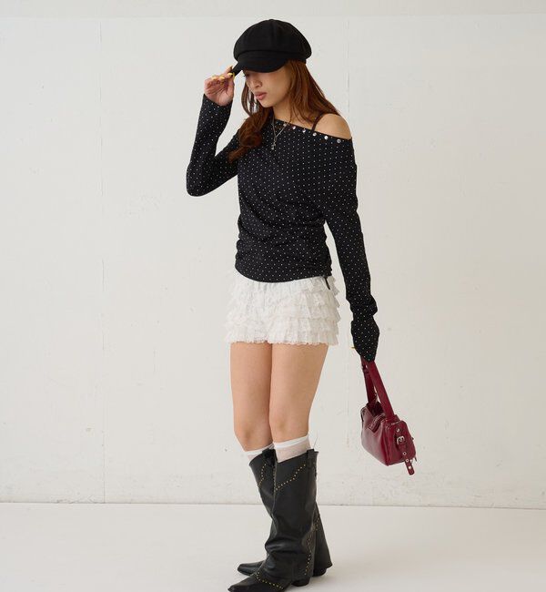  「スタッズオフショルL/Sトップス(ドット/ボーダー)」|Tシャツ・カットソー|