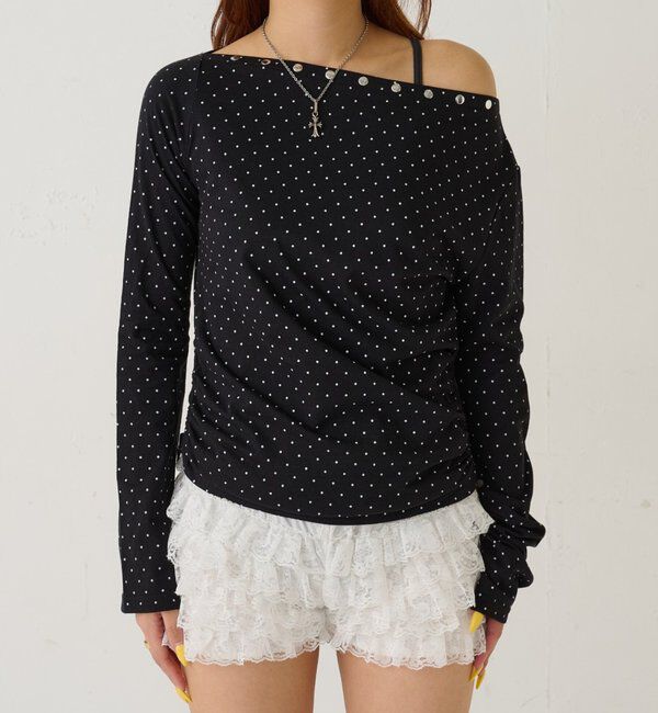  「スタッズオフショルL/Sトップス(ドット/ボーダー)」|Tシャツ・カットソー|