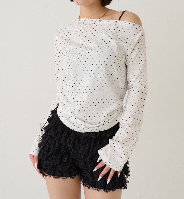  「スタッズオフショルL/Sトップス(ドット/ボーダー)」|Tシャツ・カットソー|