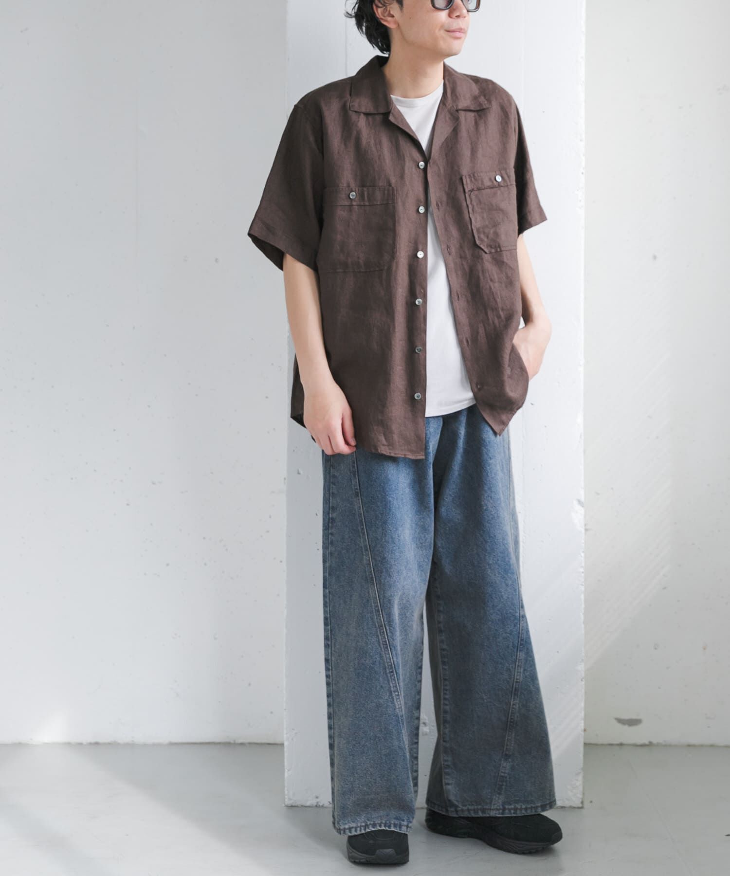 URBAN RESEARCH DOORS「FORK&SPOON　フレンチリネンオープンカラーショートスリーブシャツ」|シャツ・ブラウス|