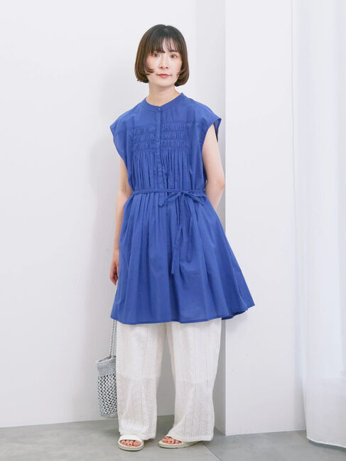 Samansa Mos2 blue「【Made in India】シャーリングノースリーブチュニック」|シャツ・ブラウス|