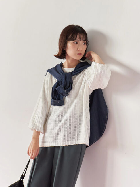 Samansa Mos2 blue「ジャカードボリュームスリーブプルオーバー」|Tシャツ・カットソー|