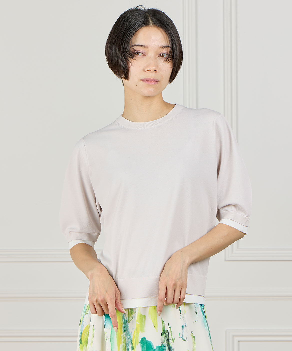 INED「クルーネック5分袖ニット」|ニット・セーター|グレーベージ 3