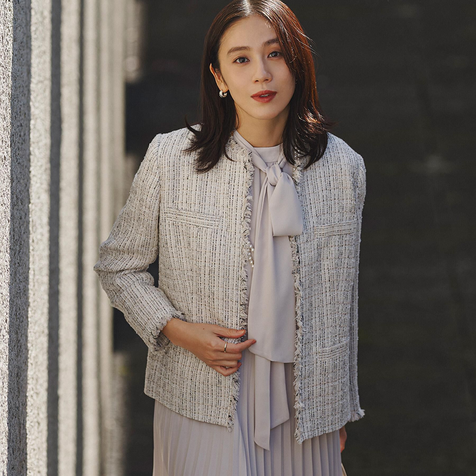 UNTITLED「【仕事着/スーツ】ファンシーツイード ジャケット」|ノーカラージャケット|グレージュ(450)