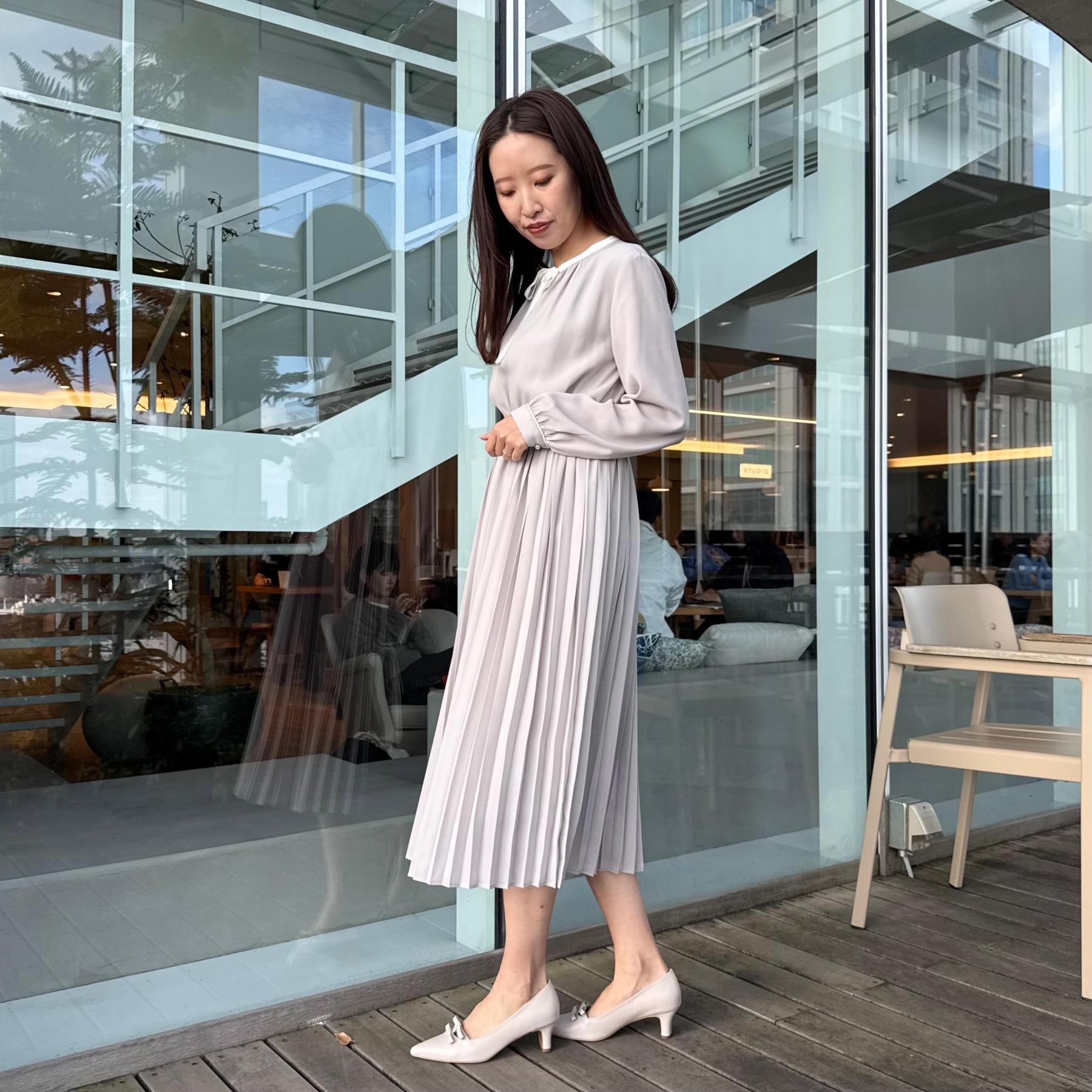 Couture broach「【ハレの日・通勤】配色シフォンプリーツ ワンピース」|ワンピース|