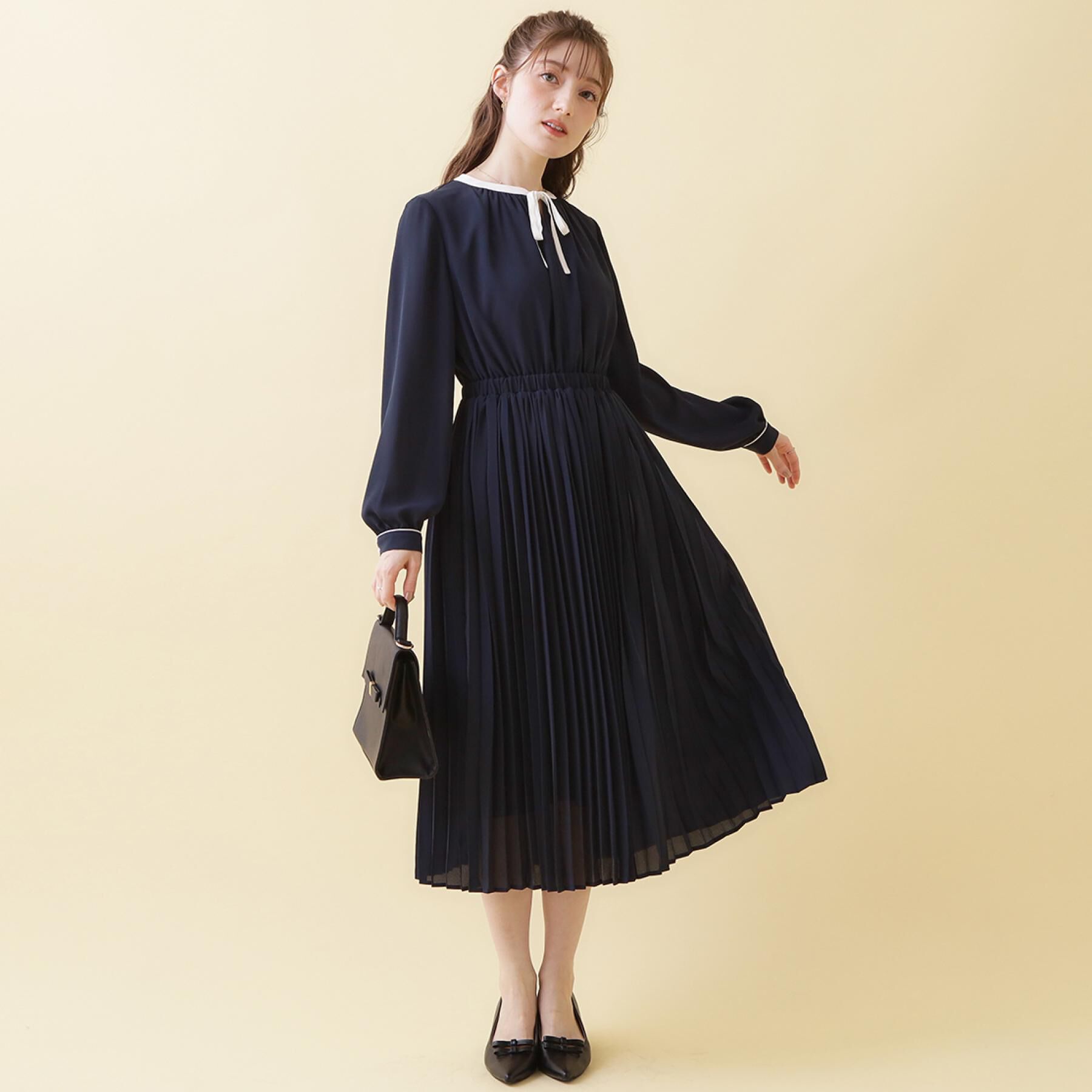 Couture broach「【ハレの日・通勤】配色シフォンプリーツ ワンピース」|ワンピース|