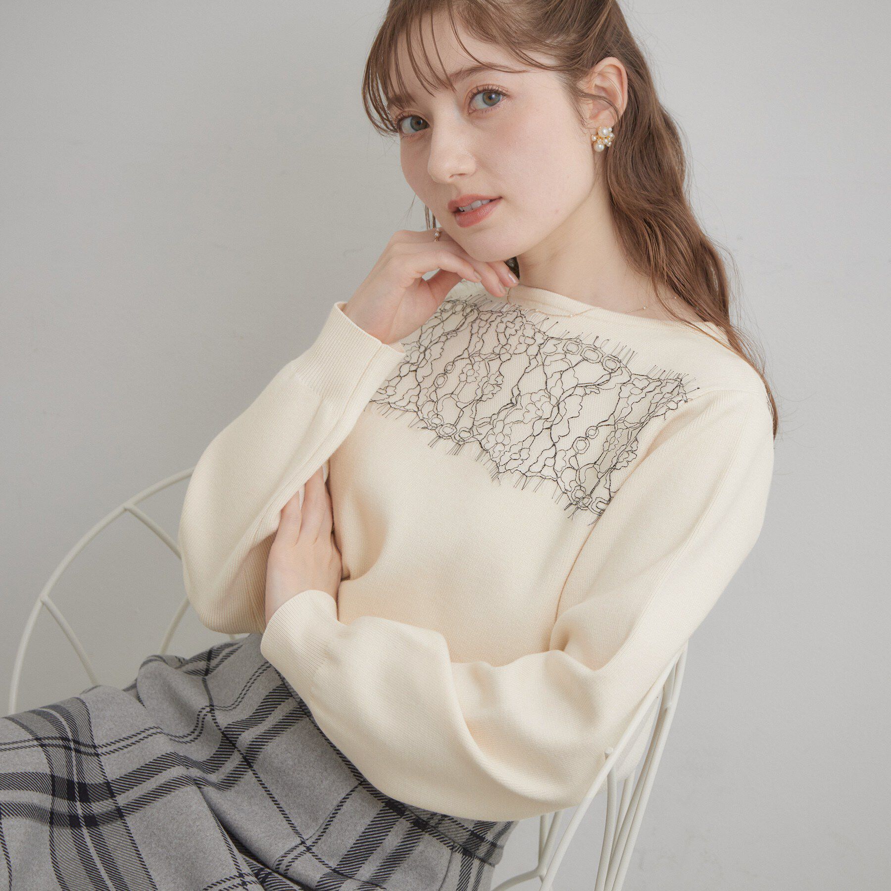 Couture broach「【洗える・通勤】レース ドッキング ニット」|ニット・セーター|オフホワイト(003