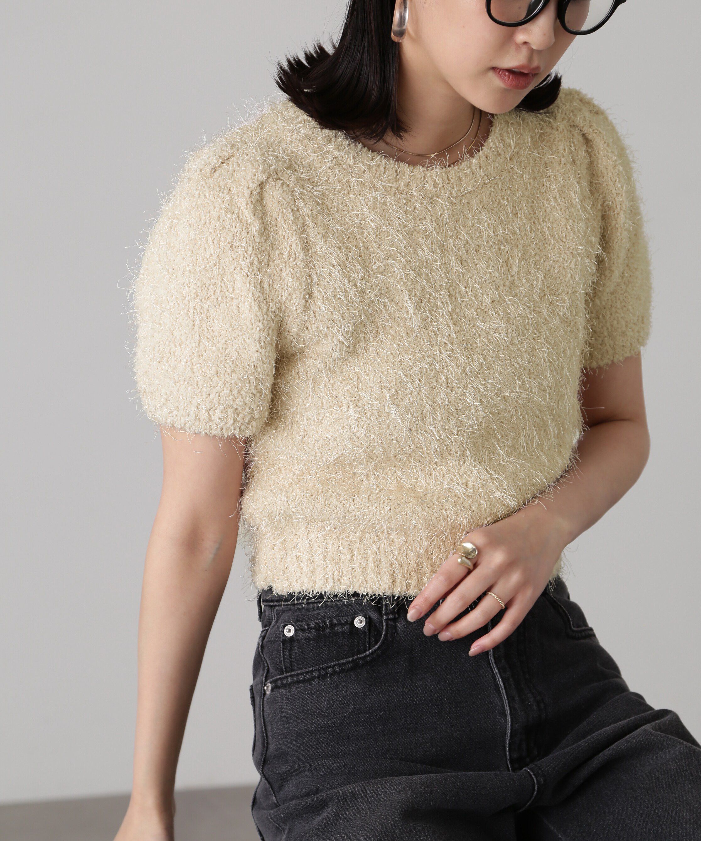  「フェザーパフスリーブ半袖ニット」|ニット・セーター|