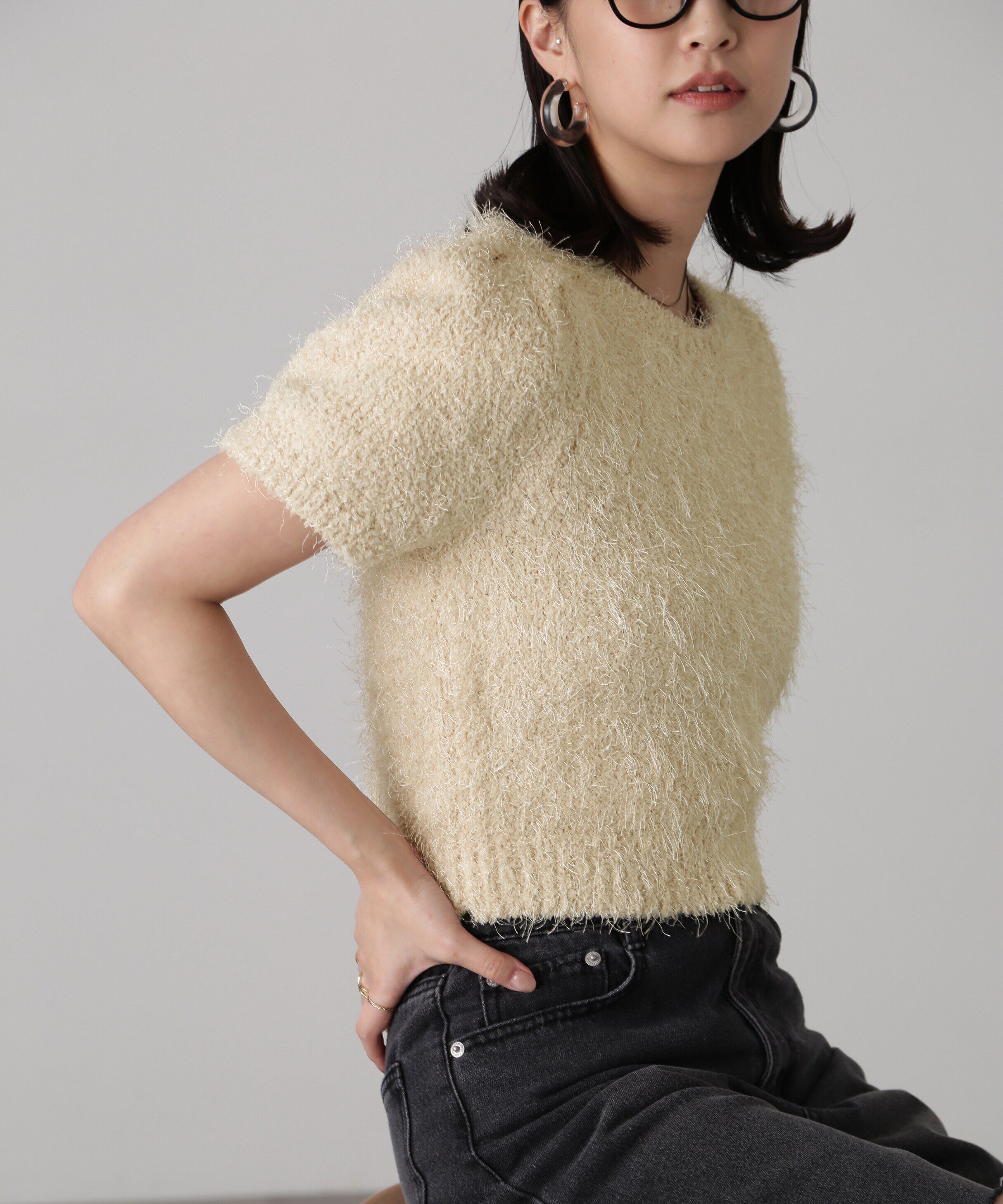  「フェザーパフスリーブ半袖ニット」|ニット・セーター|