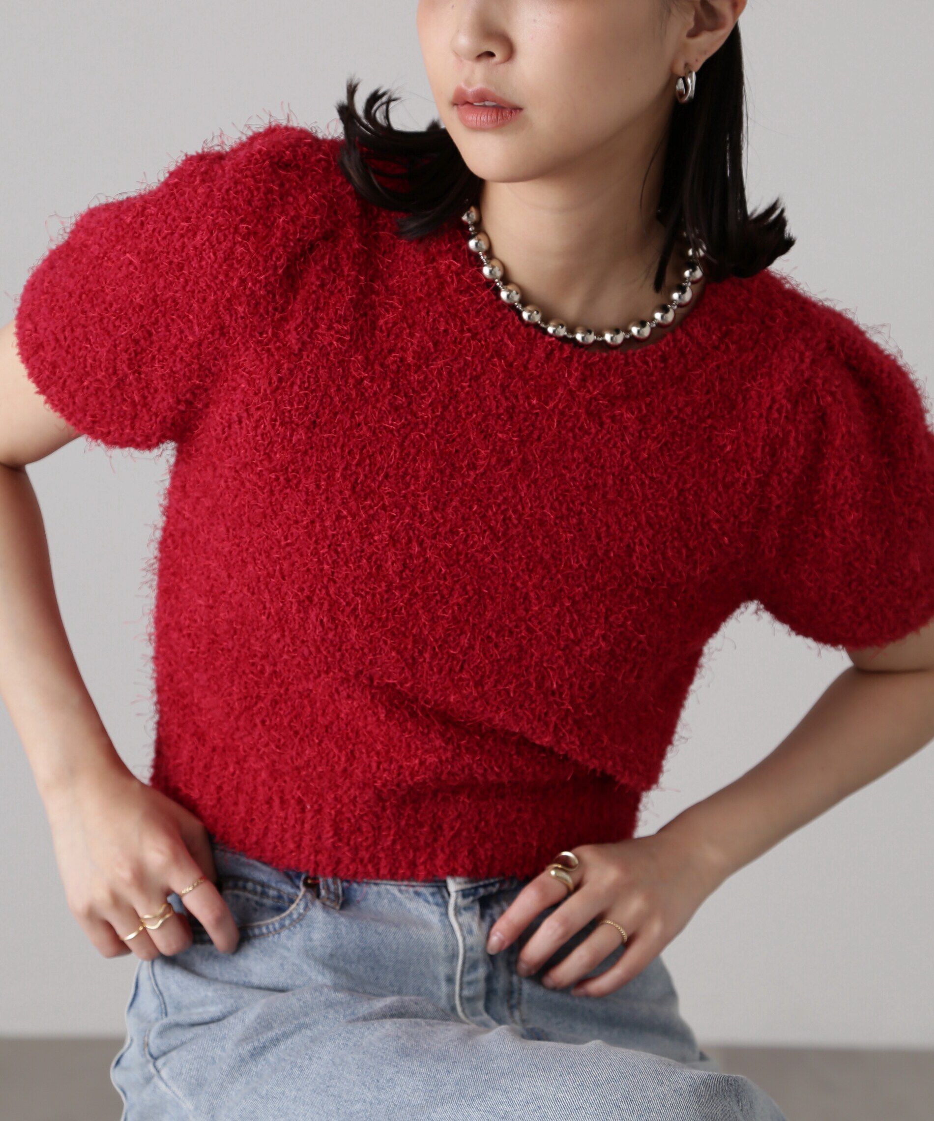  「フェザーパフスリーブ半袖ニット」|ニット・セーター|