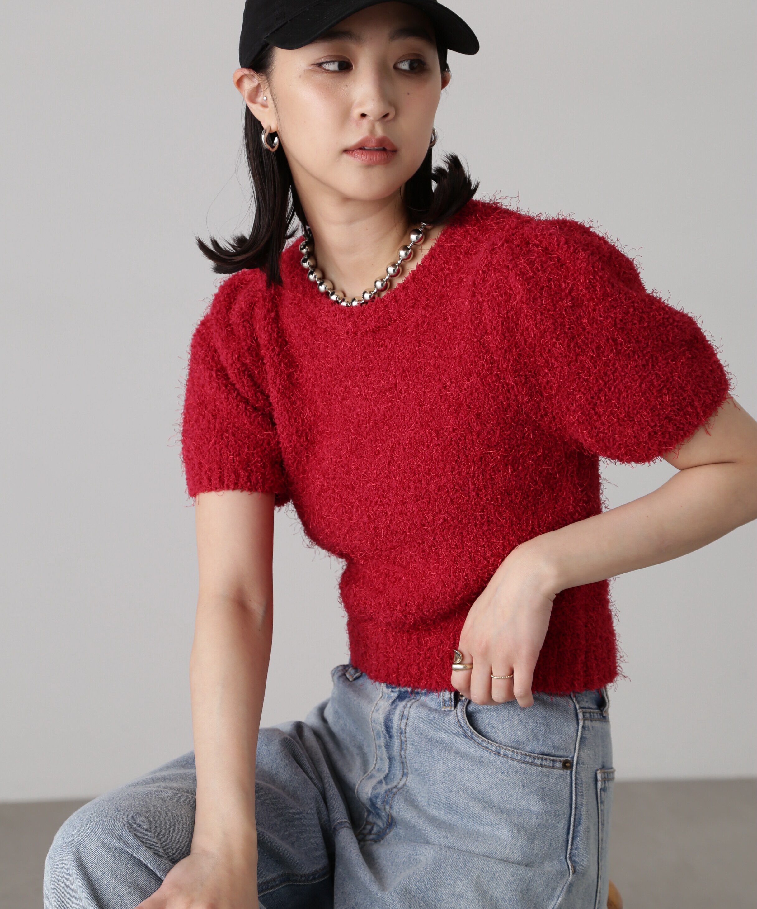  「フェザーパフスリーブ半袖ニット」|ニット・セーター|