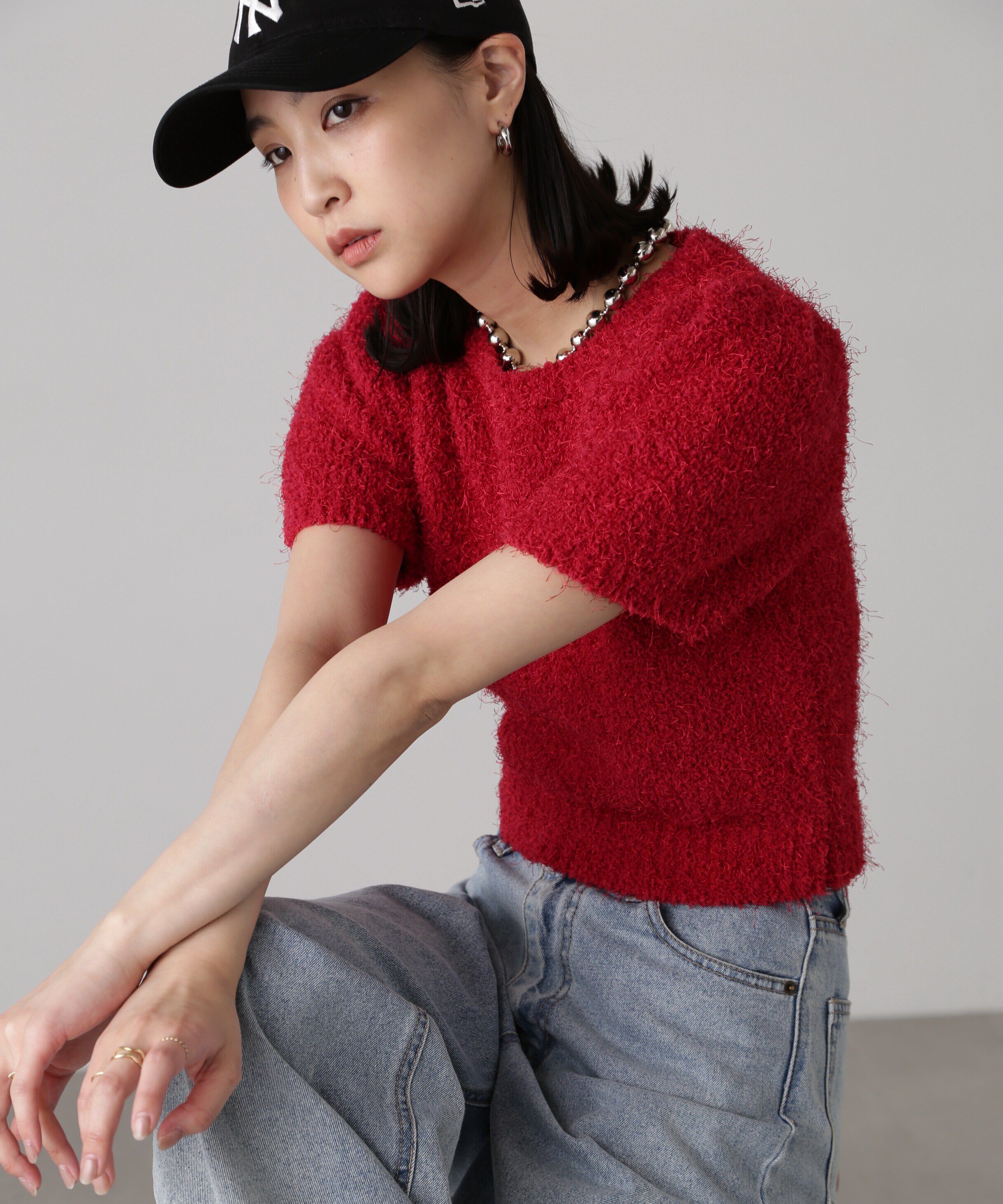  「フェザーパフスリーブ半袖ニット」|ニット・セーター|