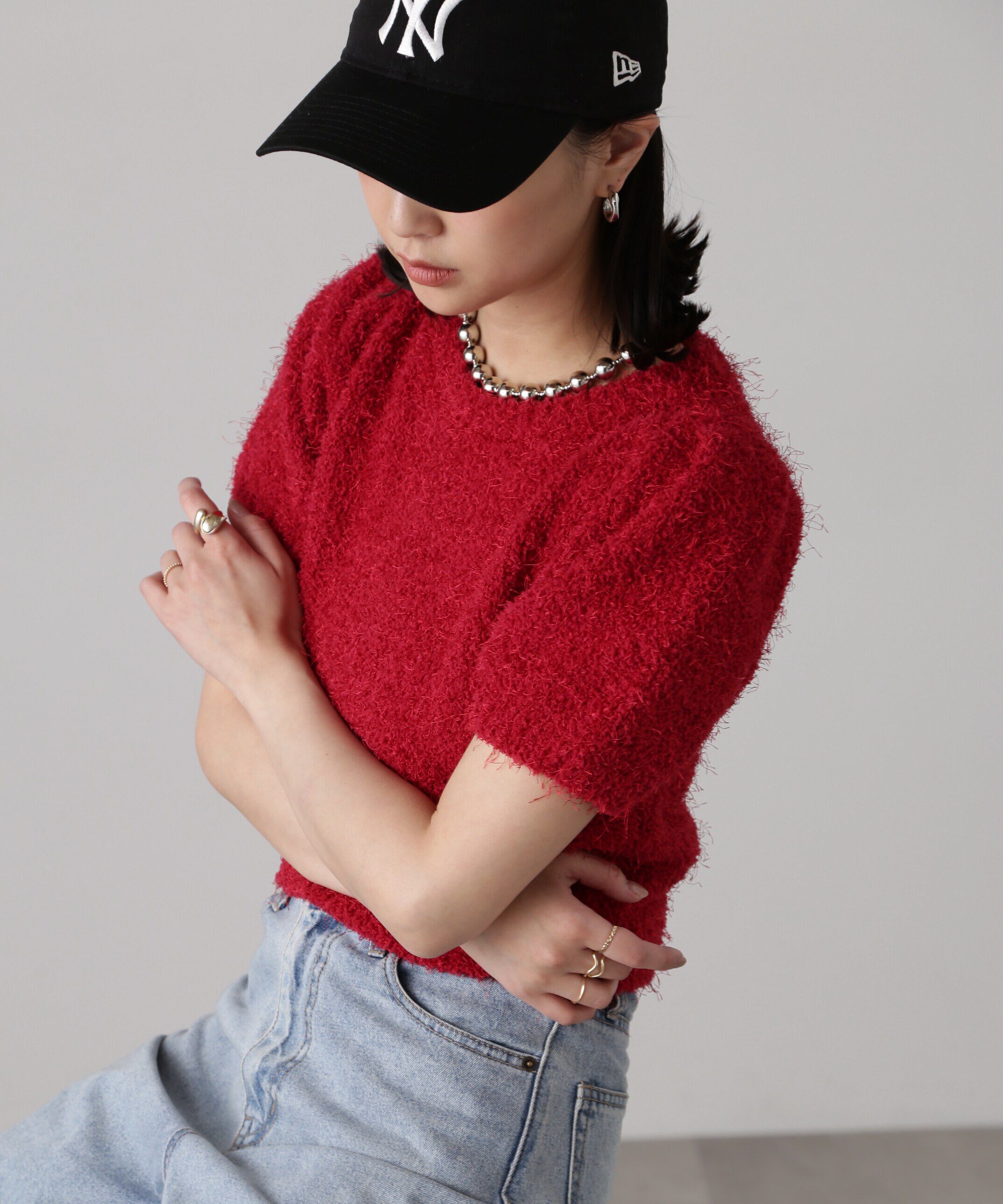  「フェザーパフスリーブ半袖ニット」|ニット・セーター|