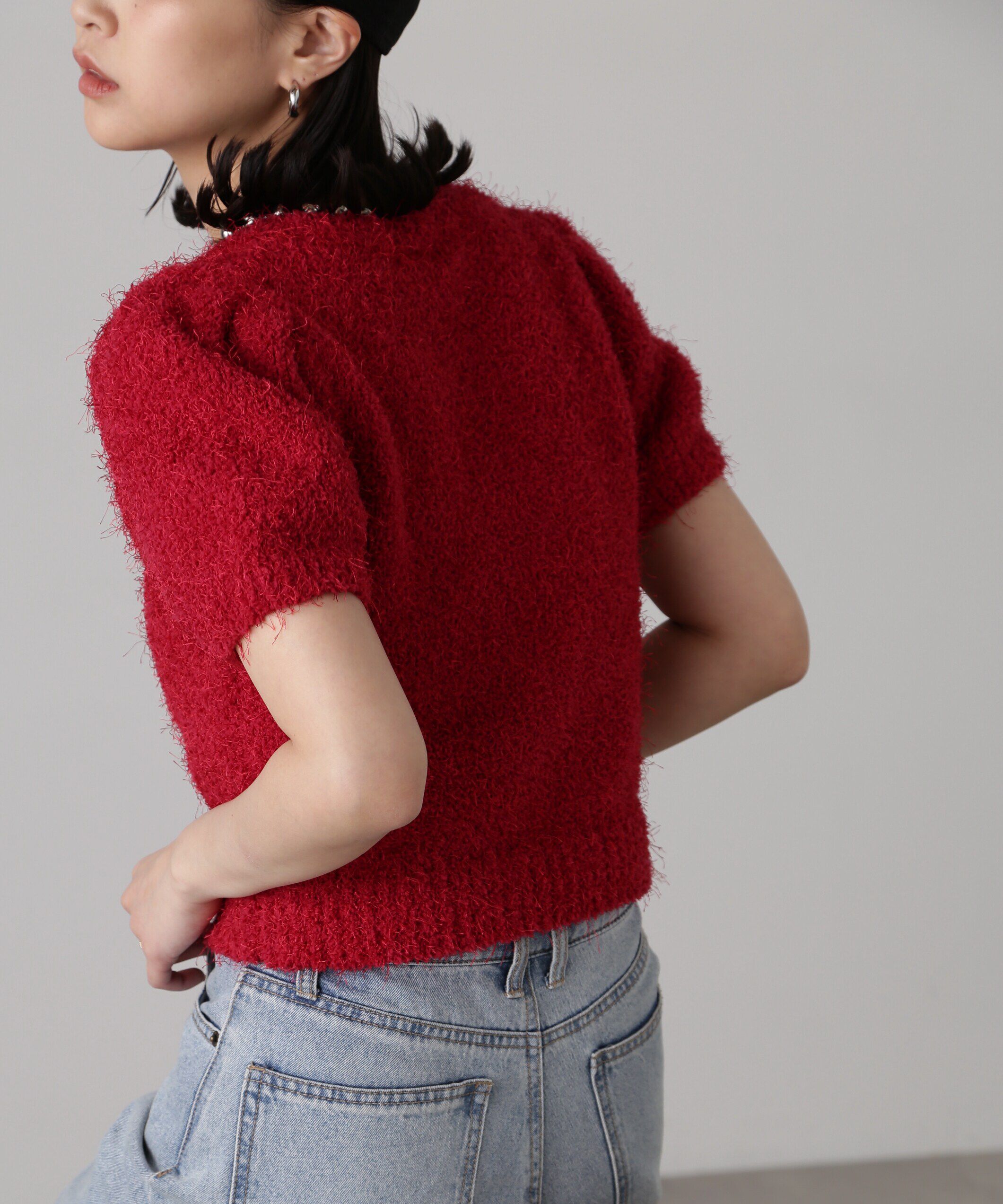  「フェザーパフスリーブ半袖ニット」|ニット・セーター|