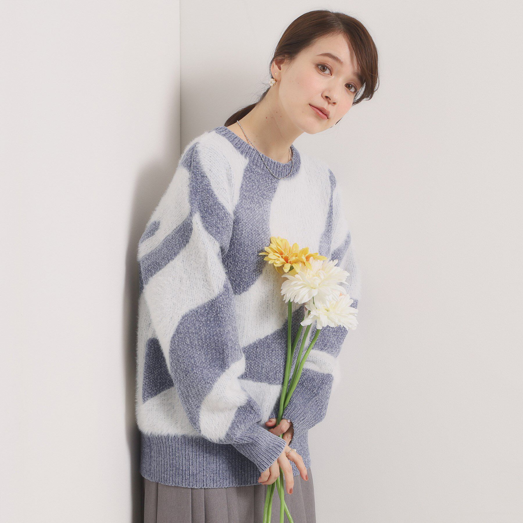 ITS&rsquo;DEMO「【手洗い可】モール&times;シャギーニット」|ニット・セーター|ブルー(092)