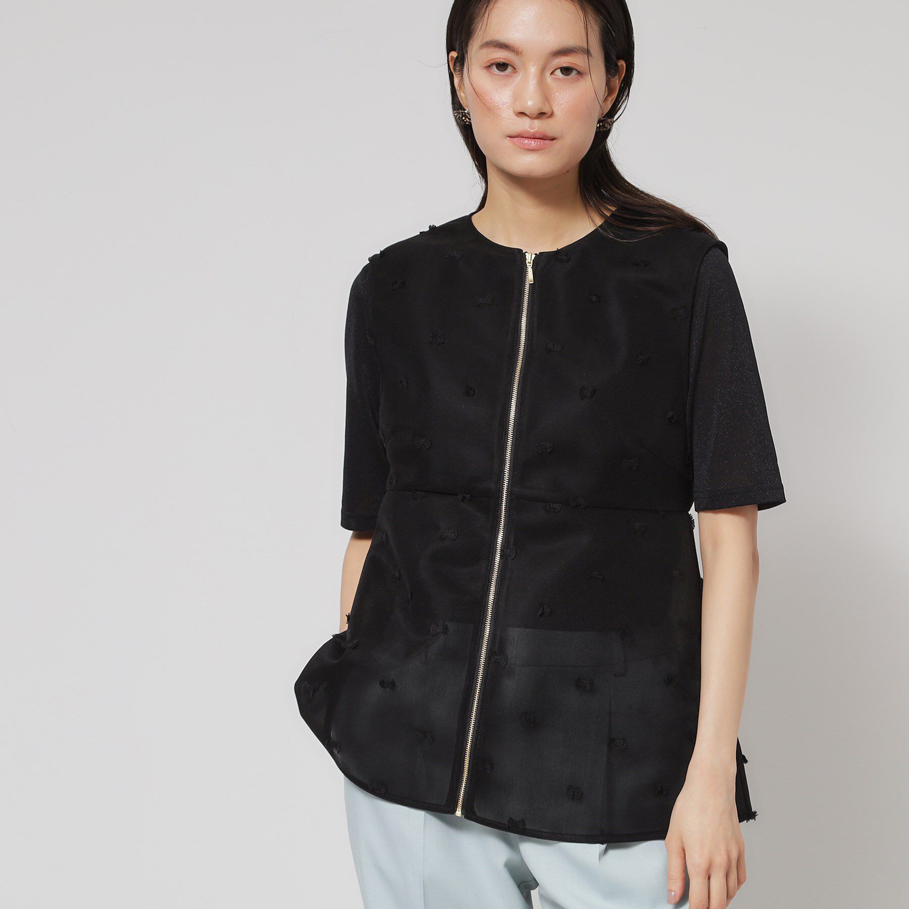 SunaUna「【ペプラム／ジップアップ】リボンジャカードトップス」|シャツ・ブラウス|ブラック(019)