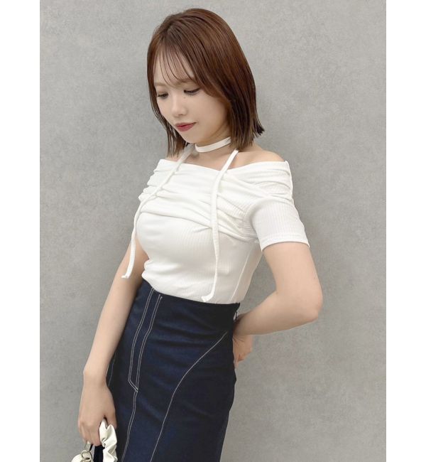 dazzlin「チョーカー付きオフショルドレープカットプルオーバー」|Tシャツ・カットソー|