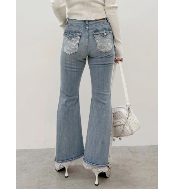 EVRIS「レースドッキングフレアデニムパンツ」|デニム|アイスブルー