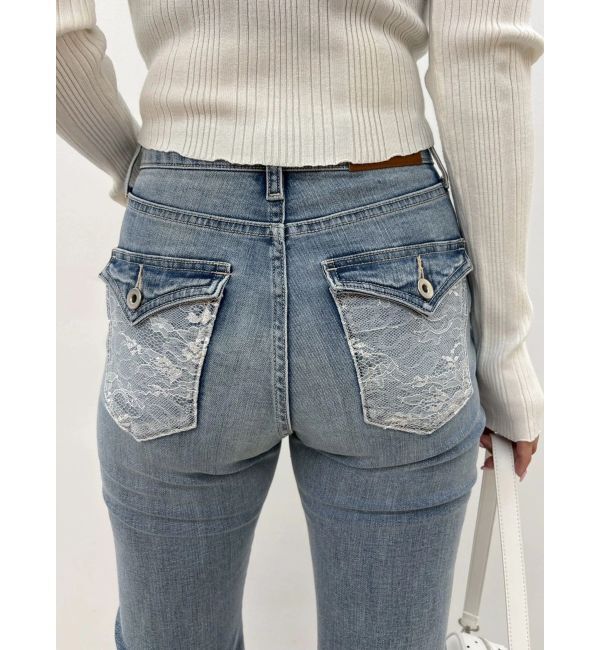 EVRIS「レースドッキングフレアデニムパンツ」|デニム|