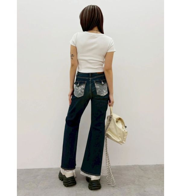 EVRIS「レースドッキングフレアデニムパンツ」|デニム|