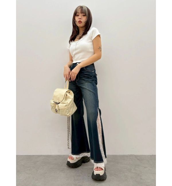 EVRIS「レースドッキングフレアデニムパンツ」|デニム|