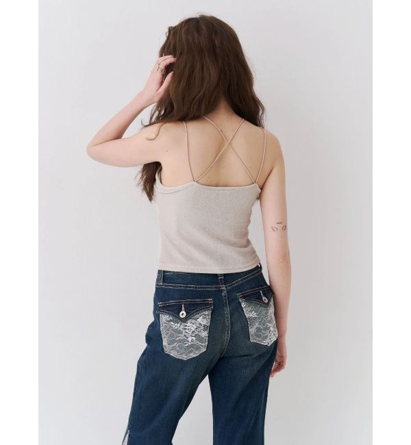 EVRIS「レースドッキングフレアデニムパンツ」|デニム|