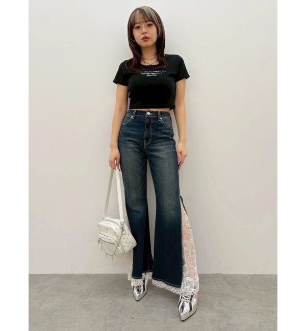 EVRIS「レースドッキングフレアデニムパンツ」|デニム|
