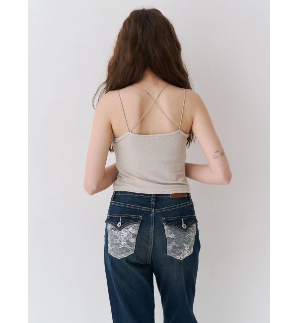 EVRIS「レースドッキングフレアデニムパンツ」|デニム|