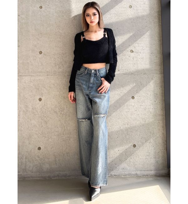 GYDA「ハイウエストKNEEダメージbijouワイドデニムパンツ」|デニム|